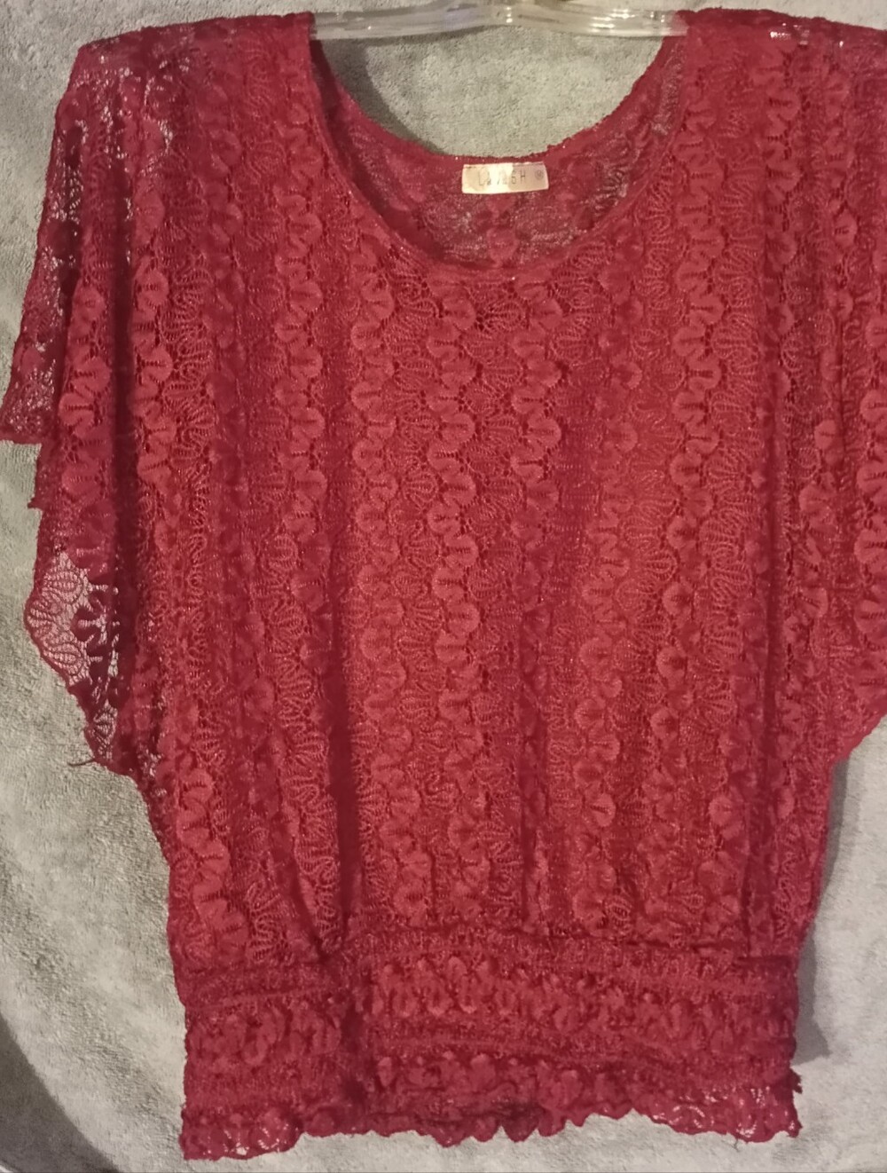 Lavish Red Floral Lace Smocked Hem Flutter Sleeve Blouse Medium